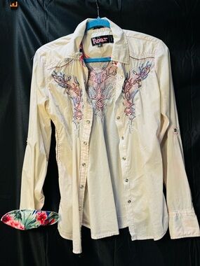 Roar Cream Button-Down Shirt with Pink and Blue Embroidery